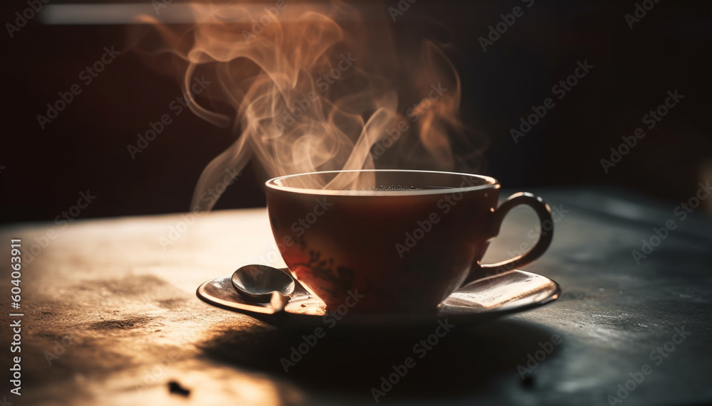 Hot coffee steams on rustic wooden table generated by AI Hot coffee steams on rustic wooden table generated by AI