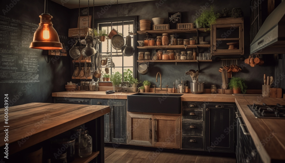Modern kitchen island with rustic hardwood flooring generated by AI Modern kitchen island with rustic hardwood flooring generated by AI