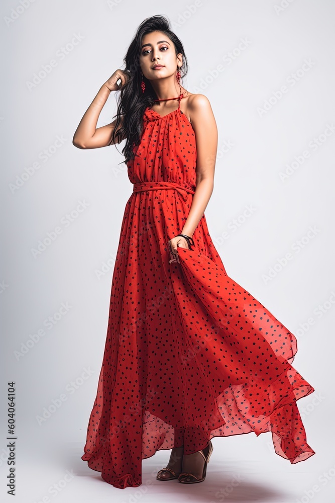 summer fashion trend Indian woman wearing red dress posing on white background generative ai summer fashion trend Indian woman wearing red dress posing on white background generative ai