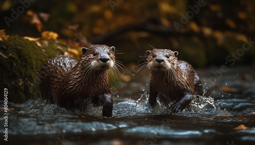 Cute mammal splashing in wet forest pond generated by AI © Stockgiu