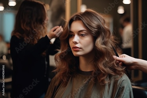 Stylist curling hair for a woman in a saloon generative ai