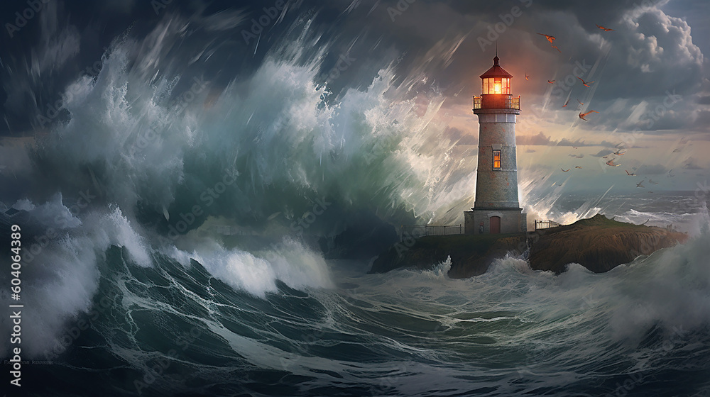 Thunder lighting and high waves surround a light. 