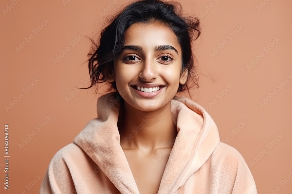 Fototapeta premium Young pretty indian woman wearing a bathrobe happy expression generative ai