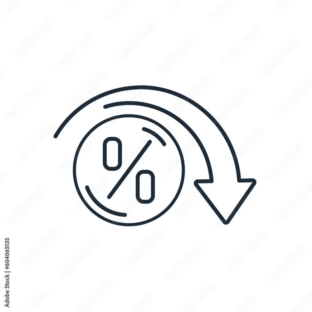 Percent symbol and arrow to down. Interest low . Discount , reduction, decrease. Vector linear icon illustration isolated on white background. Percent symbol and arrow to down. Interest low . Discount , reduction, decrease. Vector linear icon illustration isolated on white background.