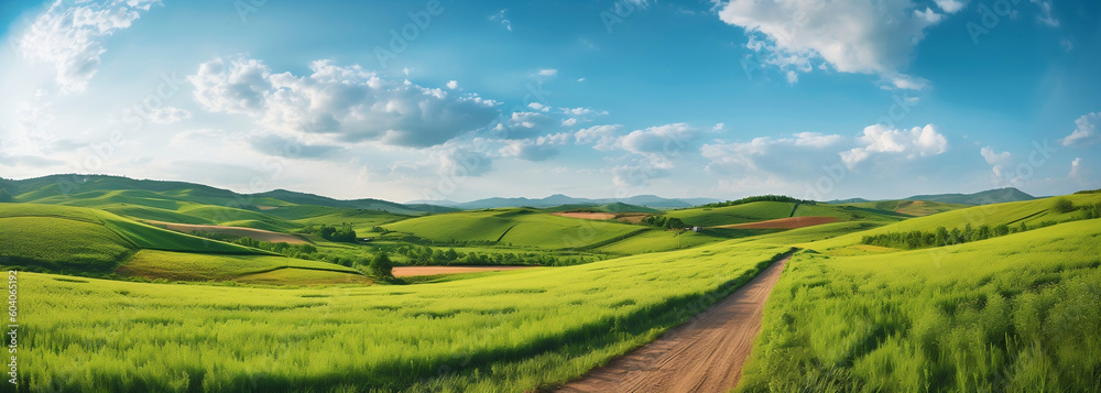 Lush Summer Fields and Blue Skies: A Panoramic View of a Peaceful Countryside, generative AI