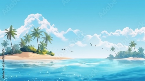 Beach with palm trees and the sea. Created with Generative AI tools.
