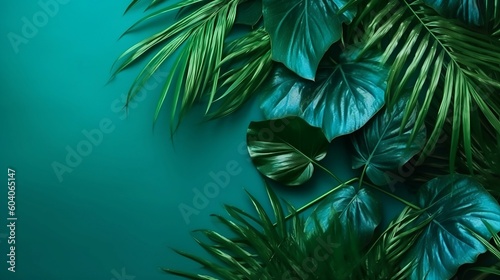 Green wallpaper with a tropical leaf pattern. Created with Generative AI tools.