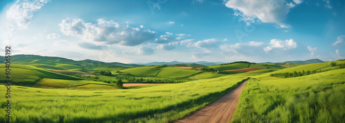 Lush Summer Fields and Blue Skies: A Panoramic View of a Peaceful Countryside, generative AI