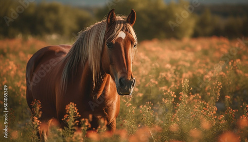 Stallion grazes in meadow at sunset dusk generated by AI