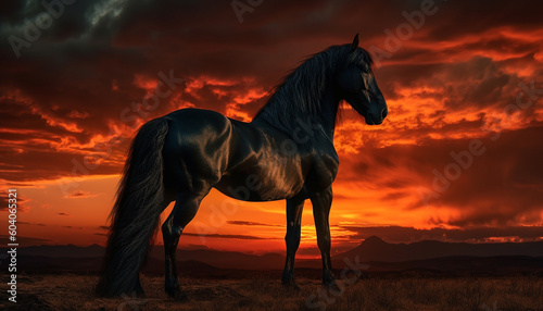 Majestic stallion grazes in tranquil meadow at dusk generated by AI