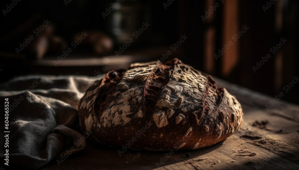 Freshly baked organic bread on rustic wooden table generated by AI Freshly baked organic bread on rustic wooden table generated by AI