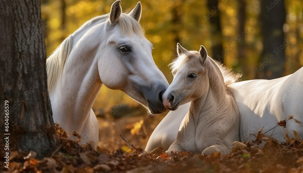 Mare and foal graze in autumn meadow generated by AI Mare and foal graze in autumn meadow generated by AI