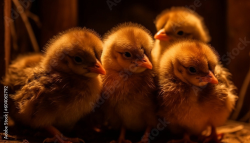 Fluffy baby chicks hatch in free range farm generated by AI