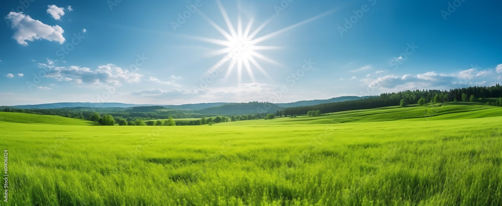 Vibrant Spring Meadow against a Blue Sky with Sun Flare, generative AI