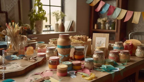 Homemade pottery collection decorates domestic kitchen table generated by AI