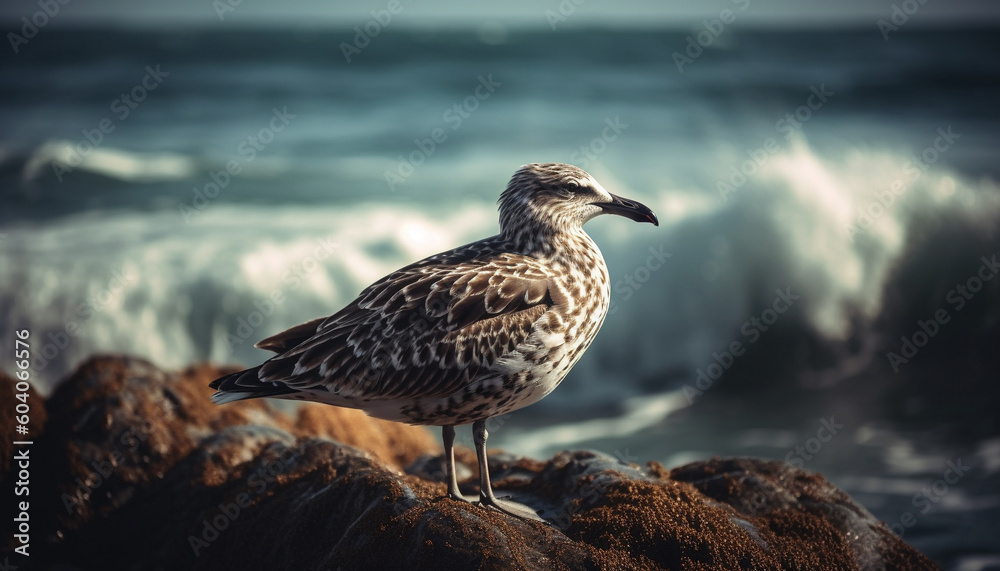 Seagull standing on cliff, watching sunset peacefully generated by AI