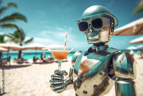 Robot with a glass of cocktail on the beach, with sunglasses. vacations concept