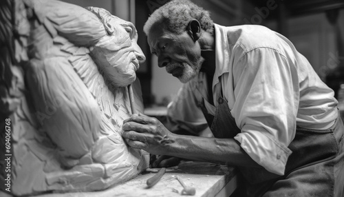 Two men working on clay sculpture indoors generated by AI