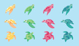 A set of bright colored turtles. Vector sea turtles on blue background. Flat illustrations on separate background. 