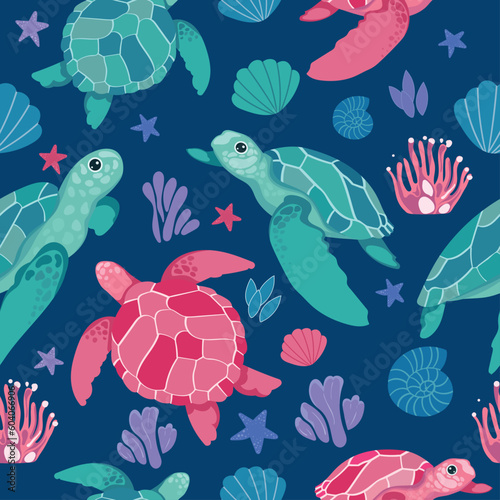 Fototapeta Naklejka Na Ścianę i Meble -  Seamless template with sea creatures for your print applications. Bright background with cute blue and pink cartoon turtles on the background of the seabed. 