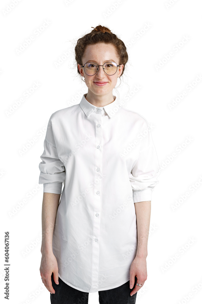 white shirt close portrait of a young female student with glasses, transparent background, png. white shirt close portrait of a young female student with glasses, transparent background, png.