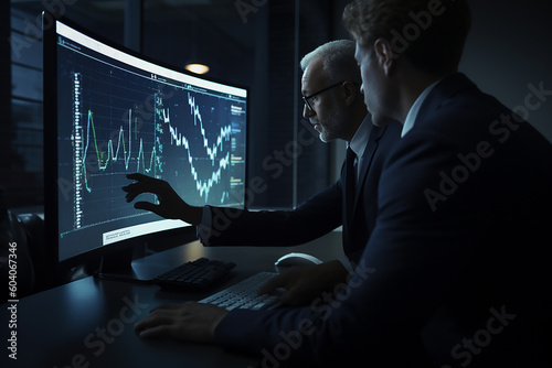2 Businessman in front of the computer analyzing financial charts , AI Generated 