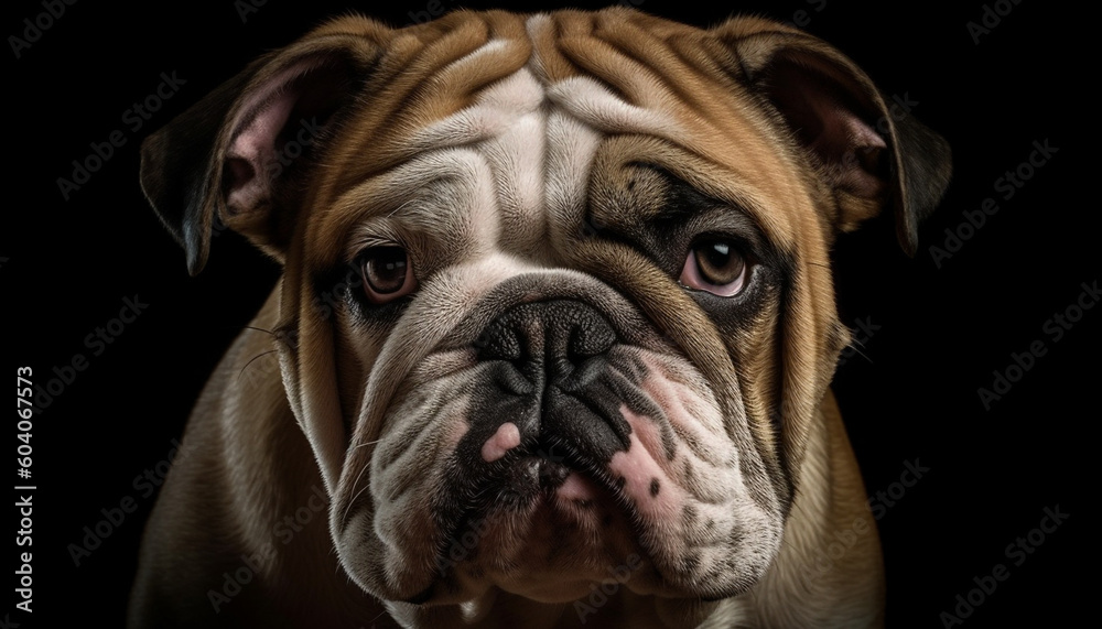 Cute bulldog puppy looking sad indoors, close up portrait generated by AI