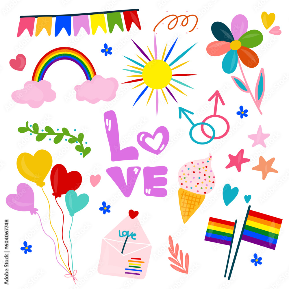 Vector collection of LGBTQ community symbols with pride flags, gender signs, rainbow colored sweet food. Gay parade symbols. LGBTQ icon set.