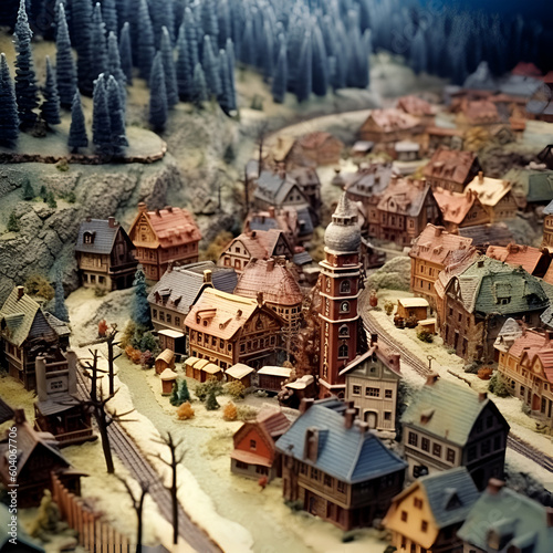 Miniature city with houses and trees in the snow. Miniature, Stop - motion animation style, 1990s.