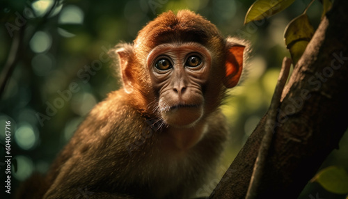 Cute young macaque sitting on tree branch generated by AI