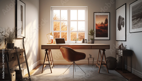 Modern domestic room with comfortable armchair and sunlight generated by AI © Stockgiu