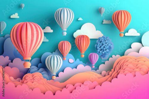 Paper balloons in the sky. Background in papercut style. AI generative.
