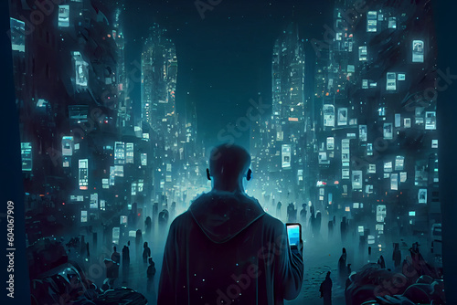 An illustration depicting a person standing in a dark space engulfed by a multitude of glowing screens, symbolizing the profound loneliness experienced in a hyperconnected modern world, generative ai
