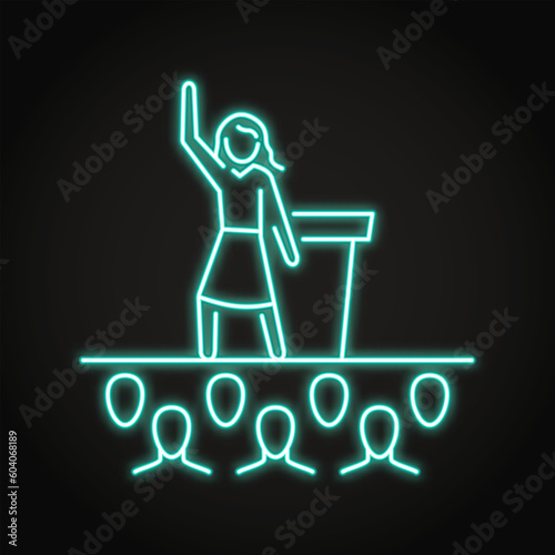 Woman giving speech neon icon