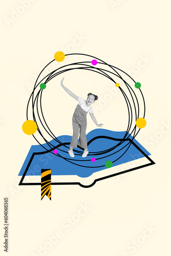 Magazine image collage template of funky teen girl enjoying reading science book magic with chaos balls bubbles
