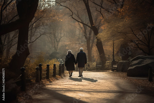 A couple walking in a park in the morning 