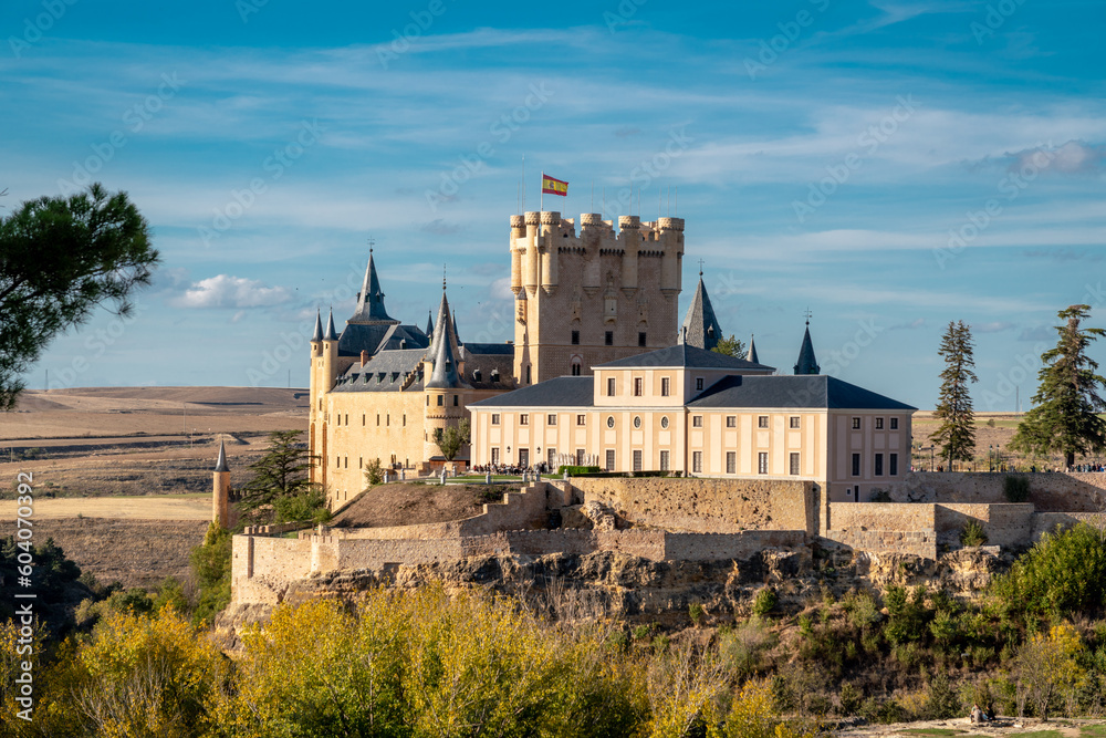 Alcazar of Segovia at sunset. medieval castle located in the city of Segovia, in Castile and León, Spain.  Was declared a UNESCO World Heritage Site in 1985. Today, it is used as a museum.