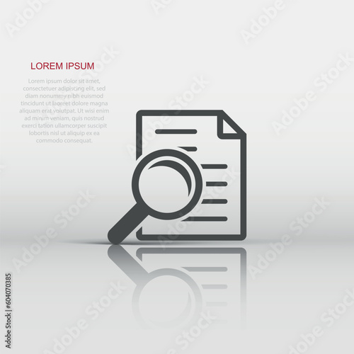 Scrutiny document plan icon in flat style. Review statement vector illustration on white isolated background. Document with magnifier loupe business concept.