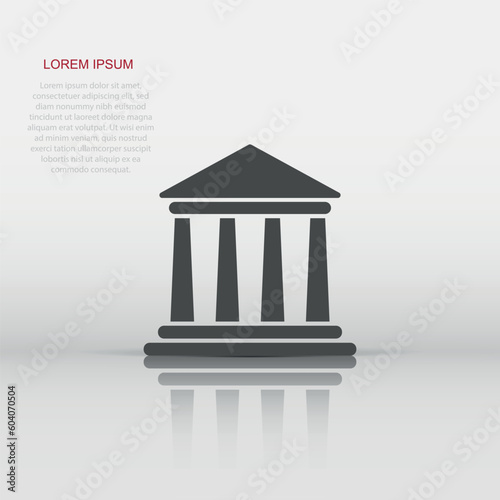 Bank building icon in flat style. Government architecture vector illustration on white isolated background. Museum exterior business concept.