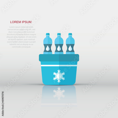Portable fridge refrigerator with water bottle icon in flat style. Freezer bag container vector illustration on white isolated background. Fridge and soda drink business concept.