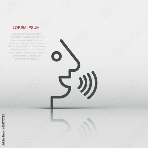 Voice command with sound waves icon in flat style. Speak control vector illustration on white isolated background. Speaker people business concept.