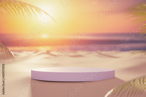 3d podium with copy space for product display presentation on palm beach and sunset sky background. Tropical summer and vacation concept.