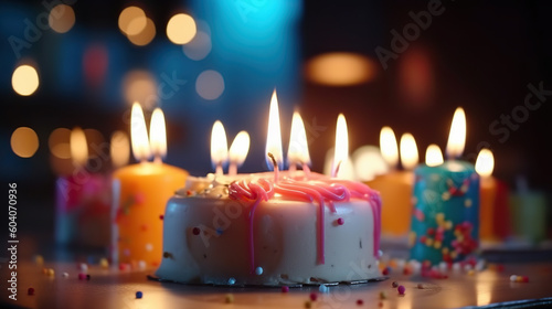 Birthday cake with candles on blurred bokeh backdrop 