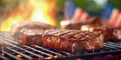 Fototapeta beef ribeye steak grilling on flaming grill during 4th of july created with generative AI