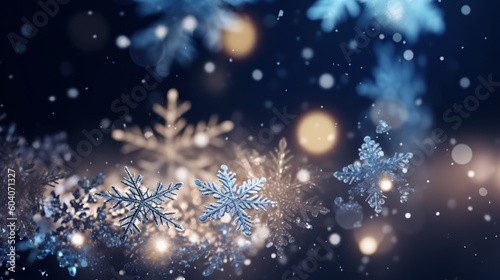 Snowflakes on blurred bokeh background, beatiful winter backdrop 