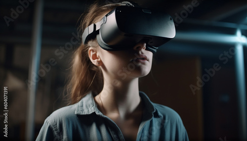 Casual young woman enjoys futuristic virtual reality simulator generated by AI