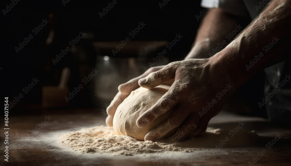 Homemade bread dough kneaded by human hands generated by AI