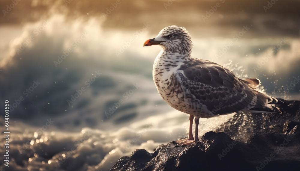 Seagull standing on wet sand, looking at camera generated by AI Seagull standing on wet sand, looking at camera generated by AI