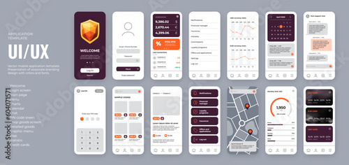 Premium UI UX design template for mobile application. Golden shield logo and minimal style design for branding mobile product.