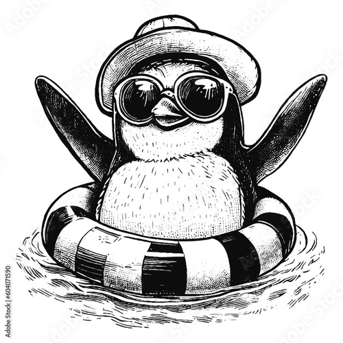 cool playful penguin wearing hat and sunglasses in a swimming ring, summer vacation penguin sketch